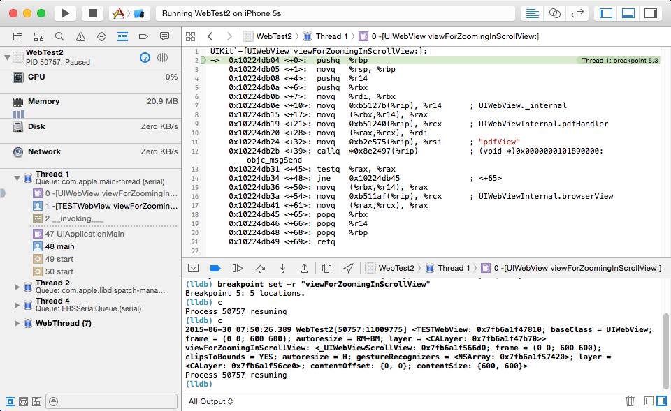 <code>-[UIWebView viewForZoomingInScrollView:]</code> assembly.” title=”<code>-[UIWebView viewForZoomingInScrollView:]</code> assembly.” /></p>
<p>When you set a symbolic breakpoint like this one, the debugger will break before the function prologue. The function prologue is code that prepares the stack and processor registers for executing the code of the function itself. After the function prologue executes, arguments to functions will be in known registers. For example during an Objective-C message send, the pointer to “self” is always placed in a particular register, which is different per platform (such as armv7 vs arm64 or i386). Before the function prologue executes that may not be the case. It is the function prologue’s job to place the values in these known registers. It is sometimes useful to be able to print out the arguments to a function or method, so LLDB has an option you can add to <code>breakpoint set</code> called <code>--skip-prologue</code> that will tell it to break after the prologue has placed those registers into a known state. You can then print values stored in registers to explore arguments to the function or method.</p>
<p>To see this in action, build and run with breakpoints enabled. Wait for the debugger to stop and type <code>breakpoint set --skip-prologue true -r 